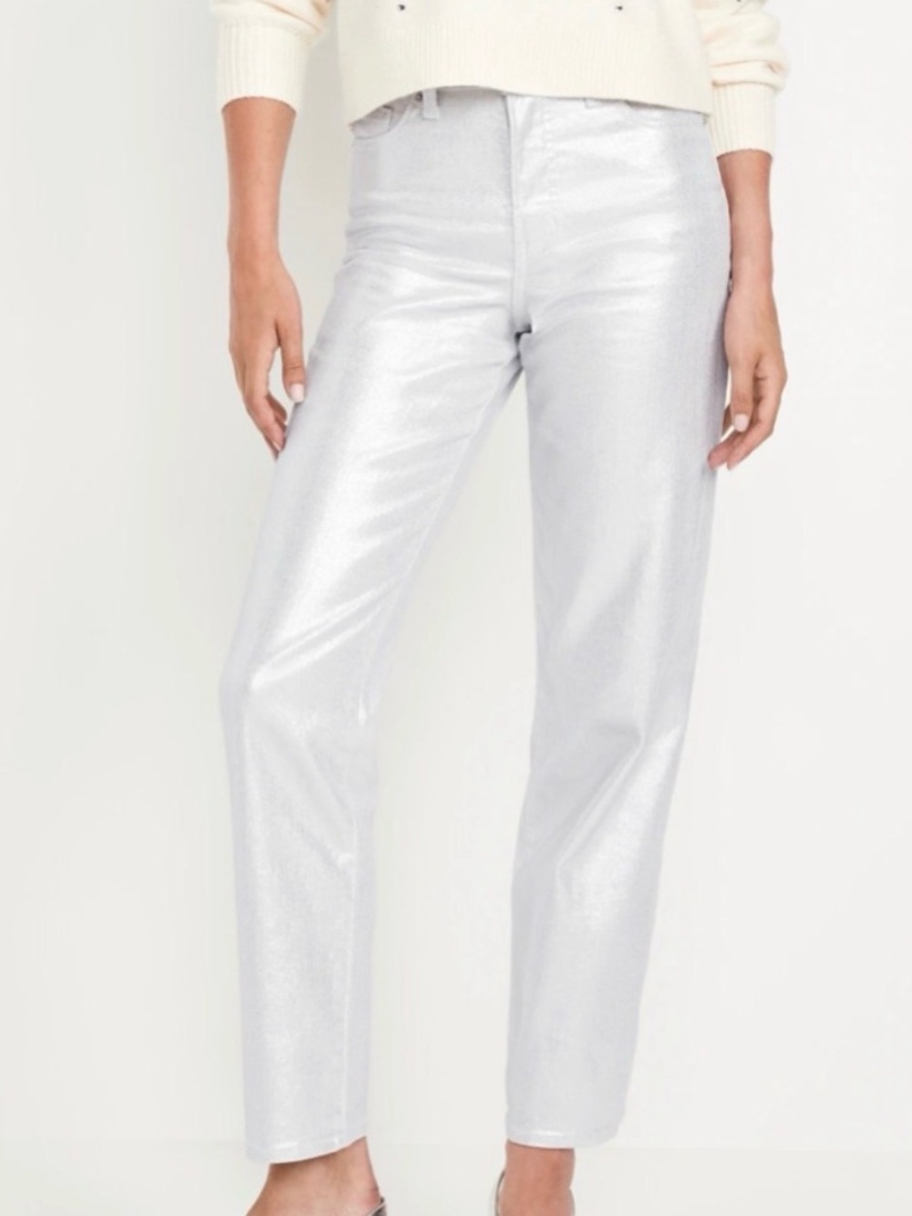 Old Navy High Rise OG Loose Metallic Silver Shine Jeans Size 12